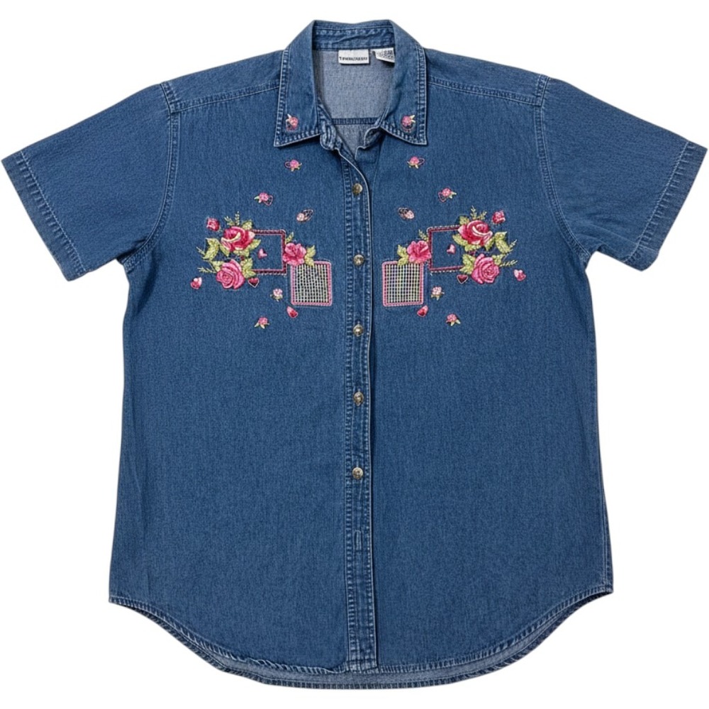 Vintage Womens Blue Denim Short Sleeve Embroidered Floral Shirt L Grandma core